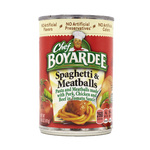 Cans of Chef Boyardee Spaghetti with Meatballs, ready-to-eat grocery meal in a can with spaghetti and meatballs visible inside.