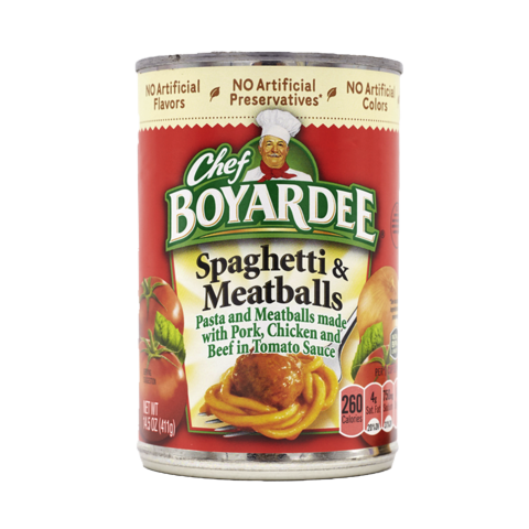 Cans of Chef Boyardee Spaghetti with Meatballs, ready-to-eat grocery meal in a can with spaghetti and meatballs visible inside.