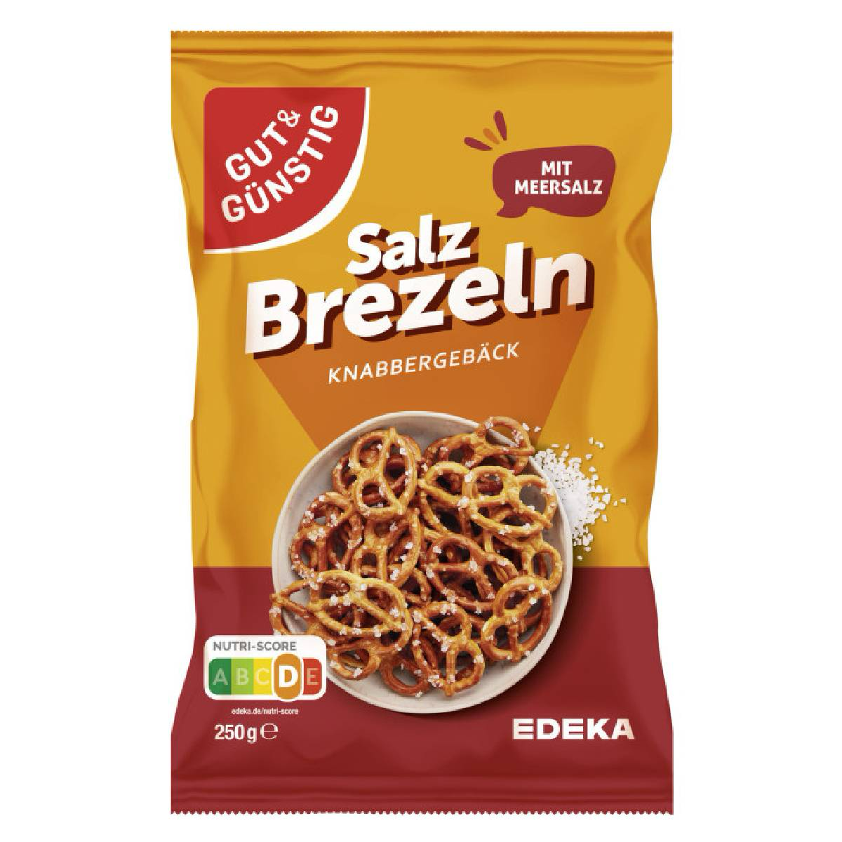 Gut & Gunstig Salz Brezeln, crunchy pretzels with salt, showcased in a close-up image highlighting their golden-brown texture.
