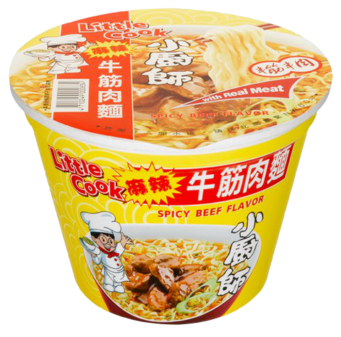 Spicy beef flavored Little Cook noodle package from the grocery aisle, featuring colorful branding and images of cooked noodles.