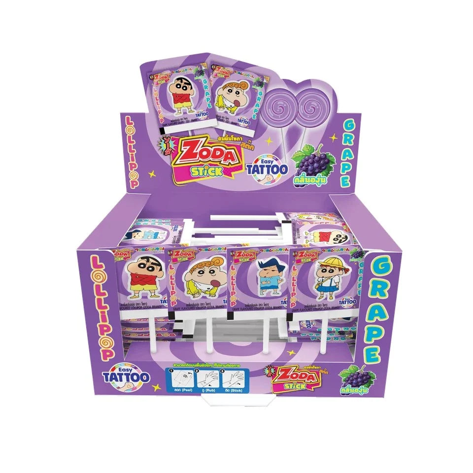 Zoda Lollipop Stick with Crayon Shin Chan grape-flavored candy, 50 sticks, colorful snack confectionery for kids.