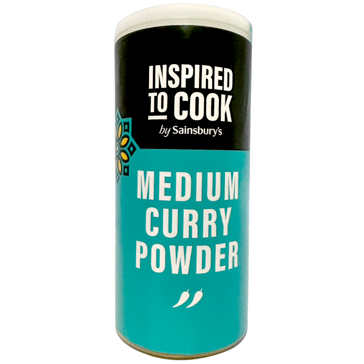 Sainsbury's Itc Medium Curry Powder in a jar, showing the label and spice inside, used for cooking flavorful curry dishes.