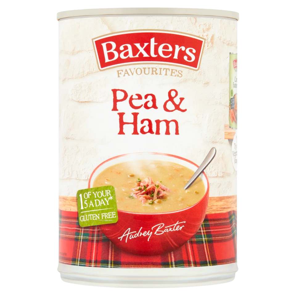 Baxters Pea & Ham Soup in a bowl, featuring green peas, chunks of ham, and a creamy broth, on a white background.