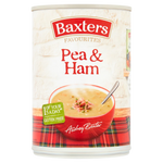 Baxters Pea & Ham Soup in a bowl, featuring green peas, chunks of ham, and a creamy broth, on a white background.