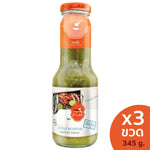 J-lek Jae Lek seafood sauce in a 345g glass bottle, showing the label and transparent bottle with sauce inside.