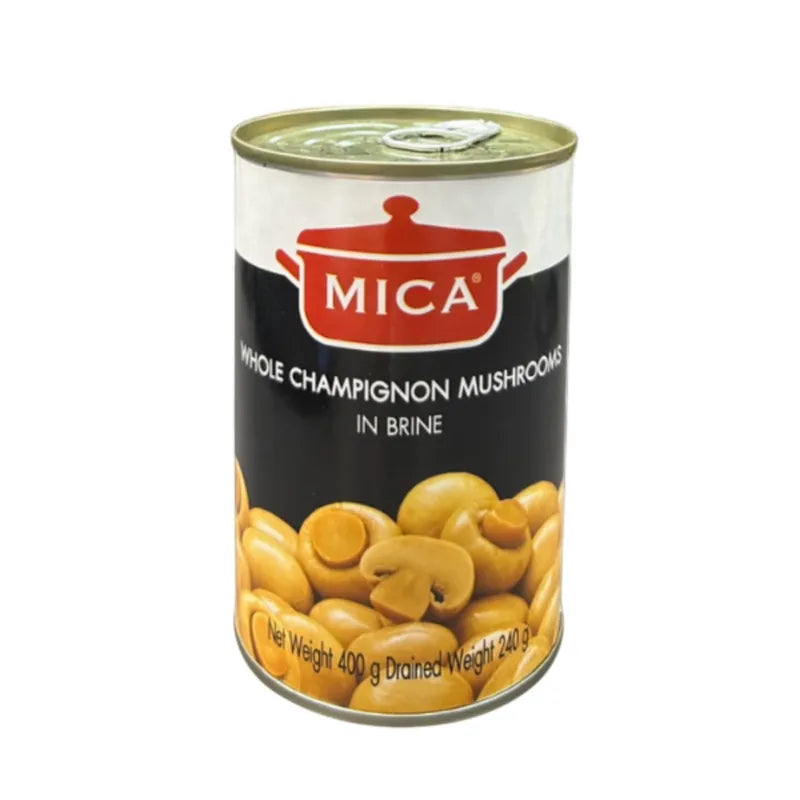 Canned MICA Whole Champignon Mushrooms in brine, 400g jar, showing glossy mushroom caps submerged in liquid.