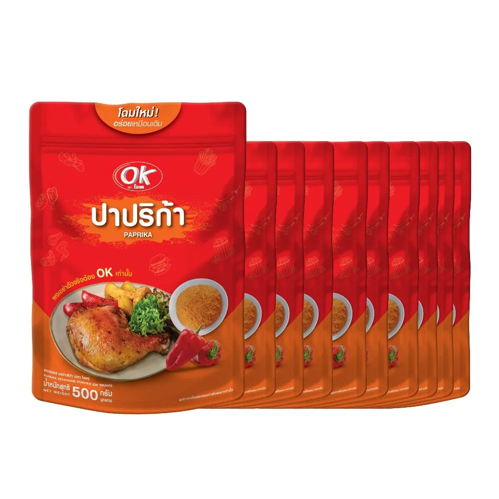 OK Shaking Powder Paprika Flavor 500g jar, dry grocery spice with vibrant red paprika seasoning visible in the container.