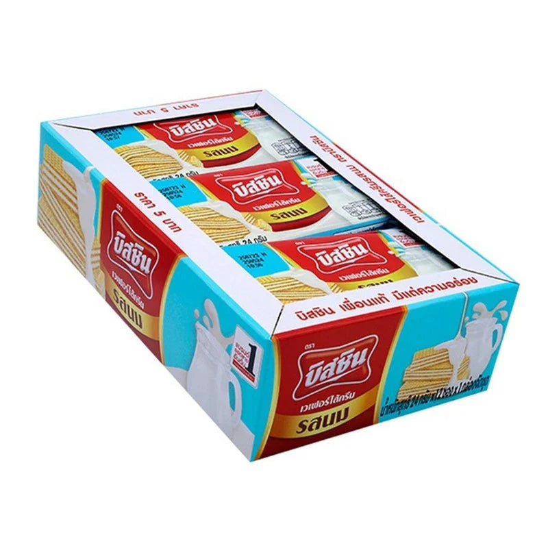 BISSIN Milk Flavored Wafers sachet, dry grocery snack, showing a shiny silver packaging with milk-flavored wafers inside.