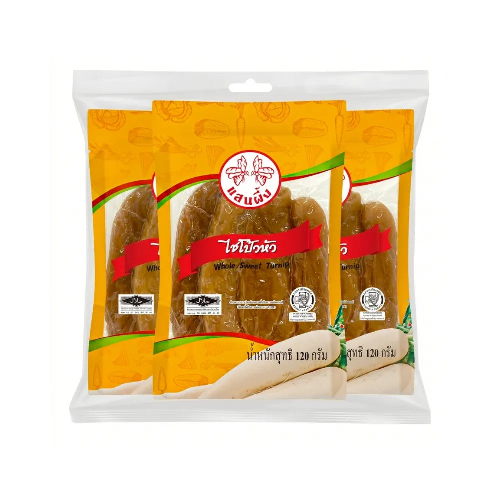 Saen Phung Radish Hua 120g x3, dried Japanese radish slices, in clear packaging, for dry grocery use.