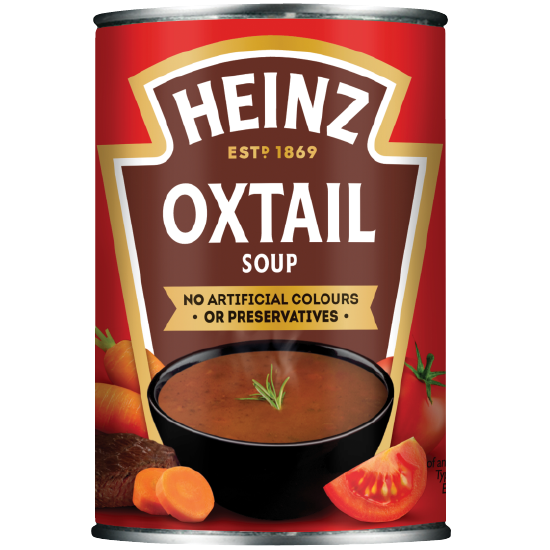 Heinz Classic Oxtail Soup in a ready-to-eat canned grocery product with a label featuring oxtail ingredients and branding.