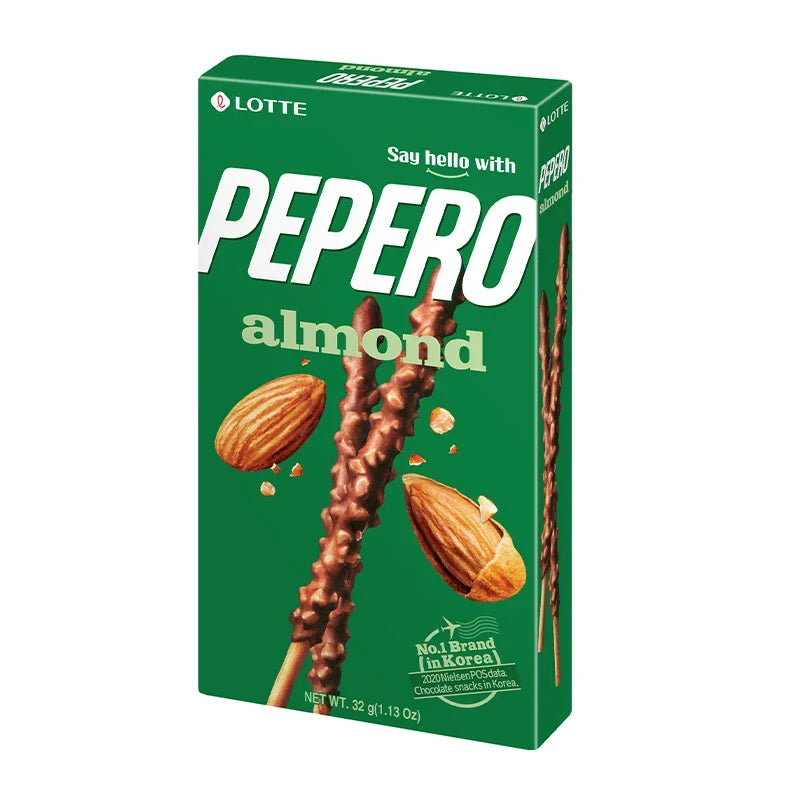Lotte Almond Biscuit Stick 32g, crispy almond-flavored snack in a sealed package, part of dry grocery snacks and confectionery.