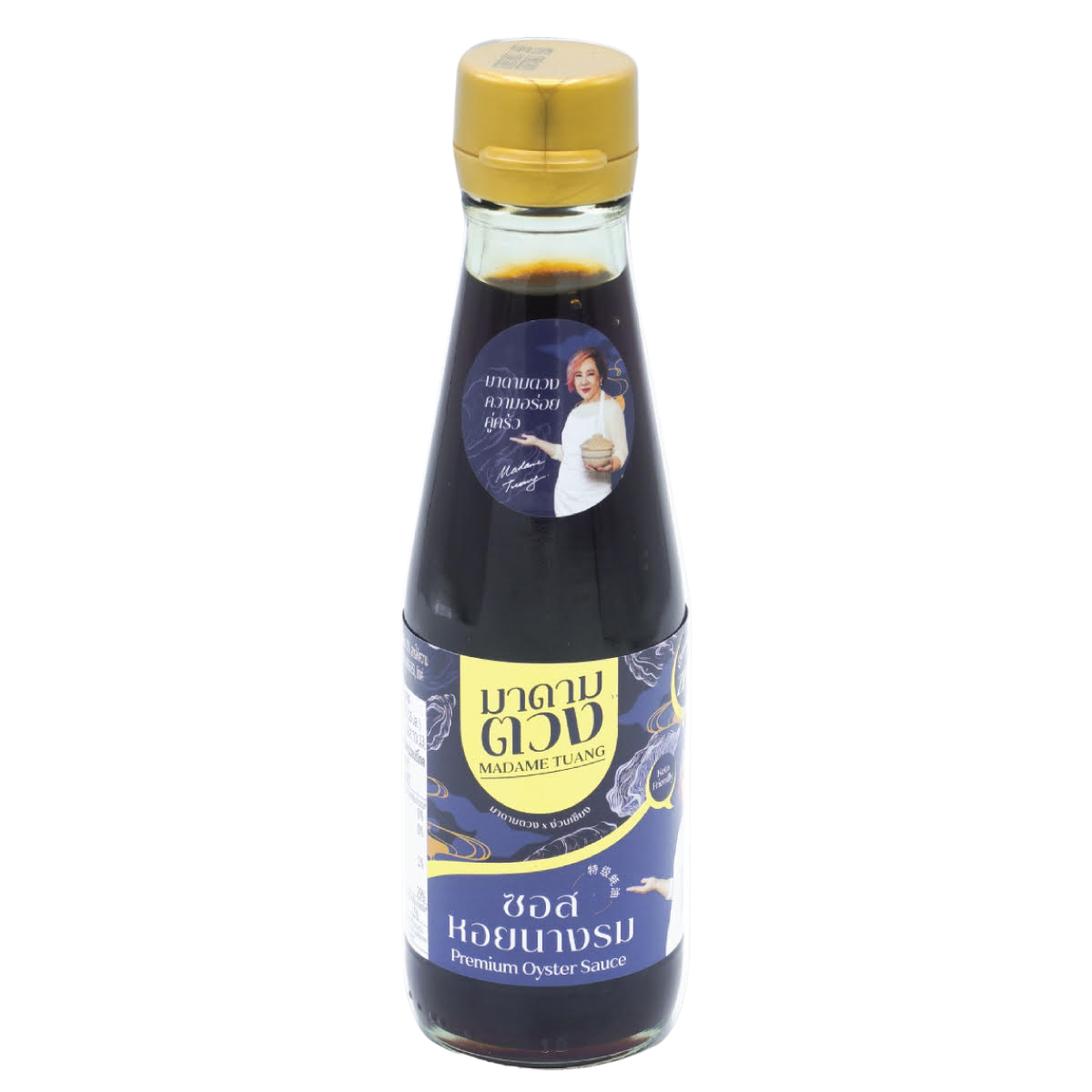 Bottle of Madametuang Premium Oyster Sauce for cooking, featuring a clear label and dark brown liquid inside a glass bottle.
