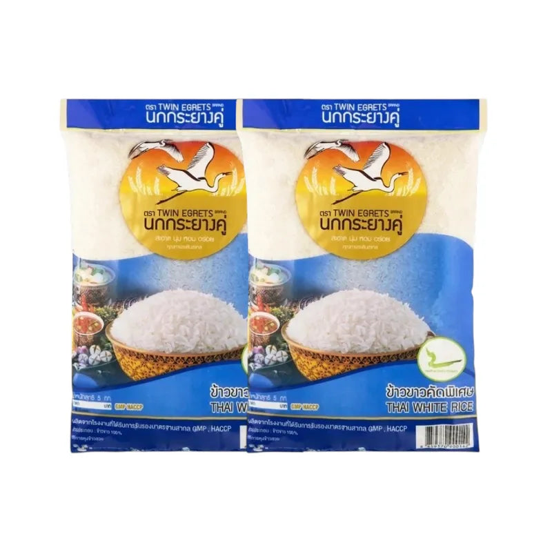 Nokkrayangkoo Double Egret Specially Selected Whole-grain White rice in a clear plastic bag, dry grocery product.