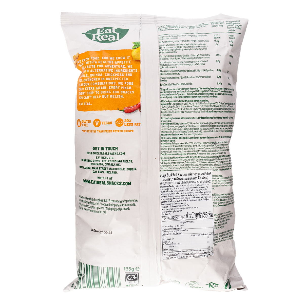 Eat Real Hummus Chips Chilli & Lemon flavor, crunchy snack with vibrant chili and lemon seasoning, in a colorful bag.