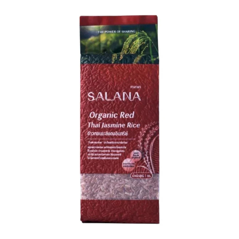 Salana Red Jasmine Rice vacuum-packed 1kg, dry grocery product with vibrant red grains, showcasing quality and freshness.