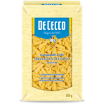 De Cecco Garganelli pasta #115 in a grocery image, showing the short, ridged tubular Italian pasta on a white surface.