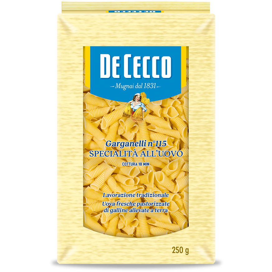 De Cecco Garganelli pasta #115 in a grocery image, showing the short, ridged tubular Italian pasta on a white surface.