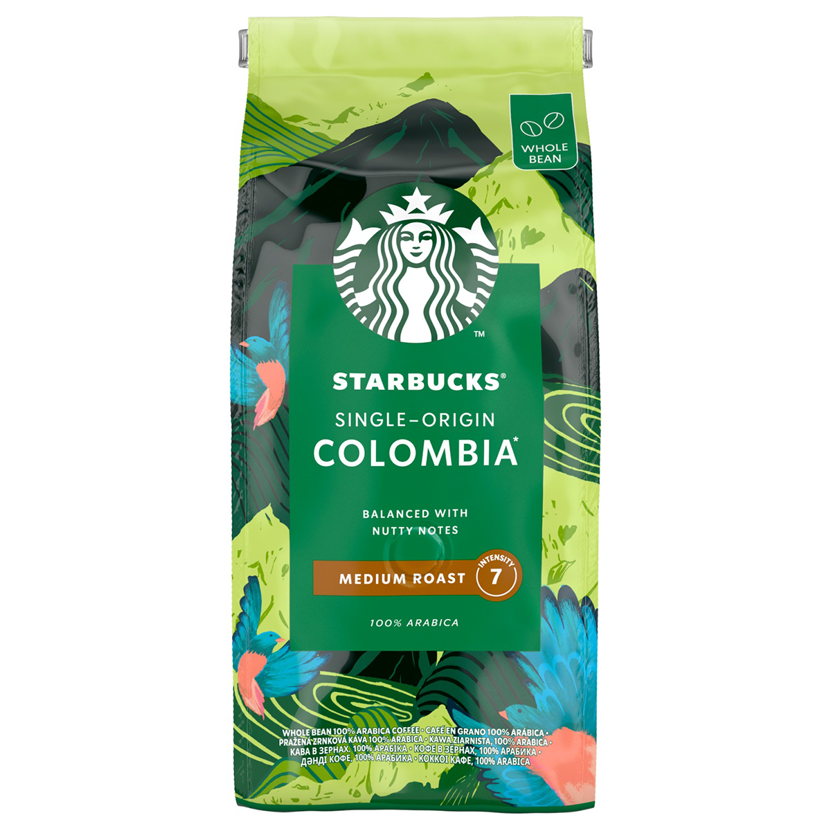 Starbucks Colombia medium roast coffee drink in a clear glass, showcasing its rich dark color and smooth texture.