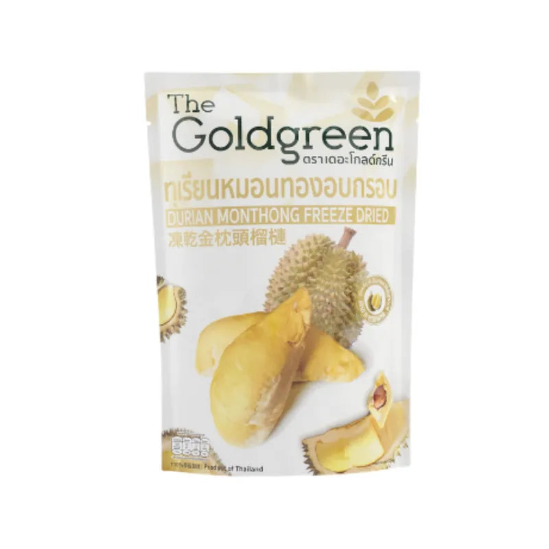 Dried Durian Monthong by THE GOLDGREEN in 15g package, showcasing golden dried durian pieces in a clear bag.