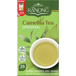 Ranong Tea Original Green Tea drink in a clear bottle, featuring vibrant green tea with fresh leaves visible inside.