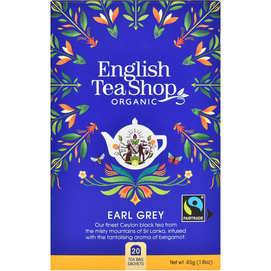 English Tea Shop Organic Earl Grey tea bags, showcasing the individually wrapped black tea bags with grey and gold packaging.