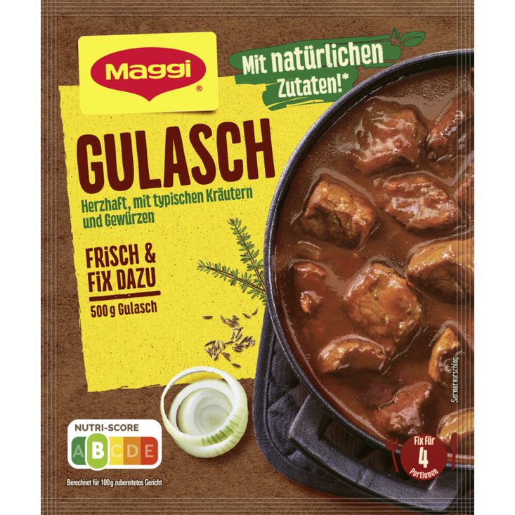 Maggi Gulasch Beef Flavor grocery product, featuring a colorful packet with goulash seasoning mix and beef flavor ingredients.