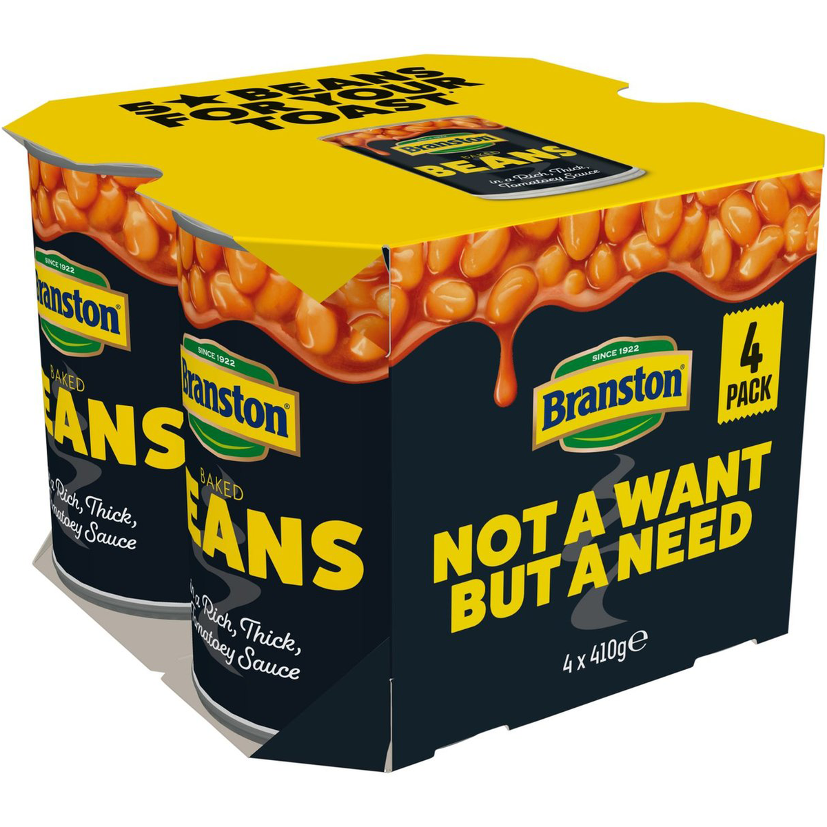 Canned Branston Baked Beans in tomato sauce, typical grocery item, with label and can design visible.