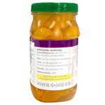 Canned Mcgarrett sliced peaches in syrup, glossy and ripe, packed in a clear can for grocery storage.