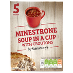 Sainsbury's Minestrone Soup in a cup with croutons, ready-to-eat grocery soup served in a clear cup with visible soup and croutons