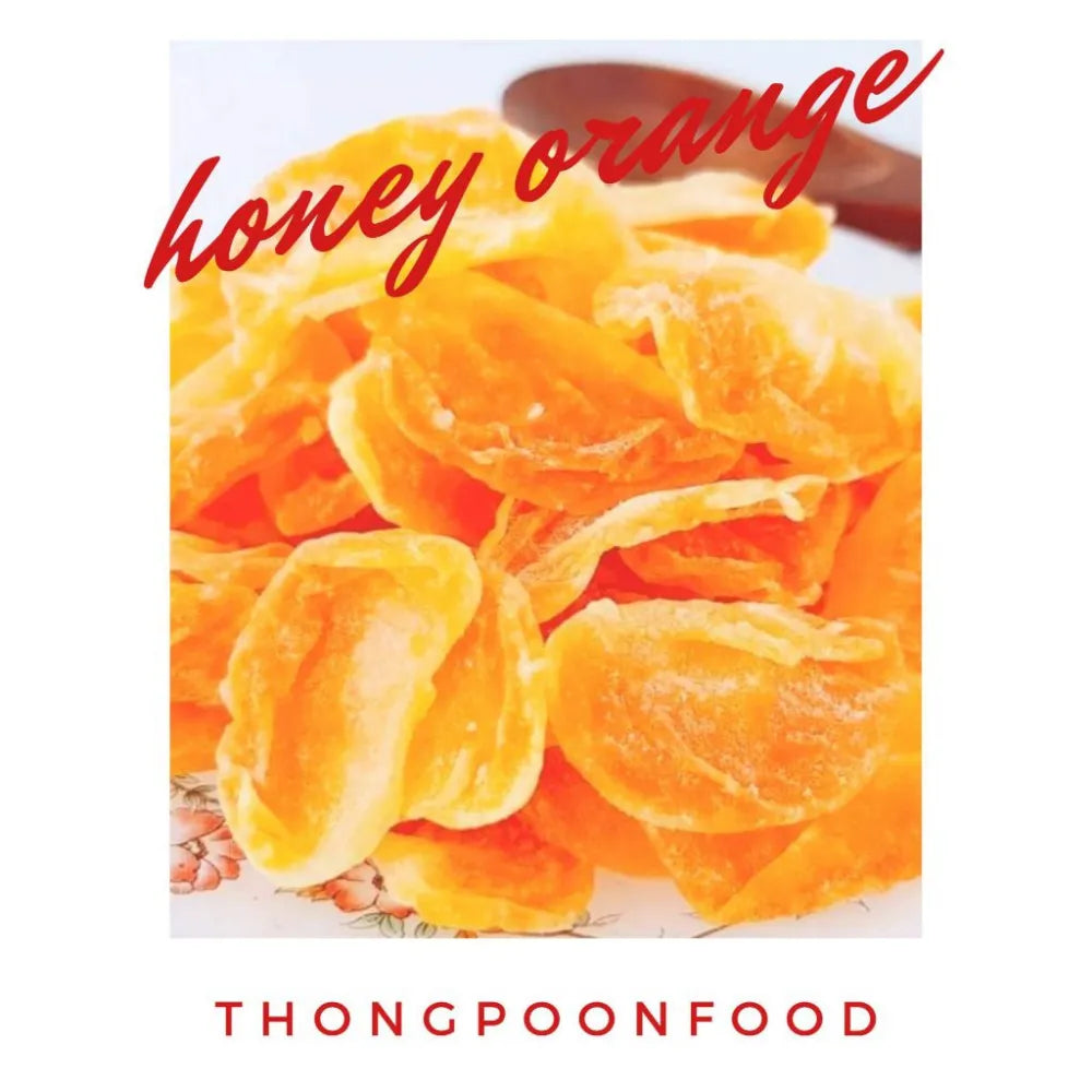 Thong Poon dried honey oranges in 180g pack, showcasing vibrant orange slices with a glossy honey coating.