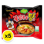 Samyang Hot Chicken Stew Ramen 145g package, spicy Korean dry grocery noodle product, with vibrant packaging and steaming bowl