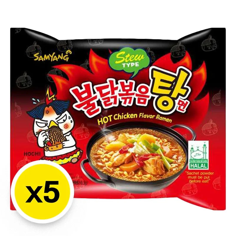 Samyang Hot Chicken Stew Ramen 145g package, spicy Korean dry grocery noodle product, with vibrant packaging and steaming bowl