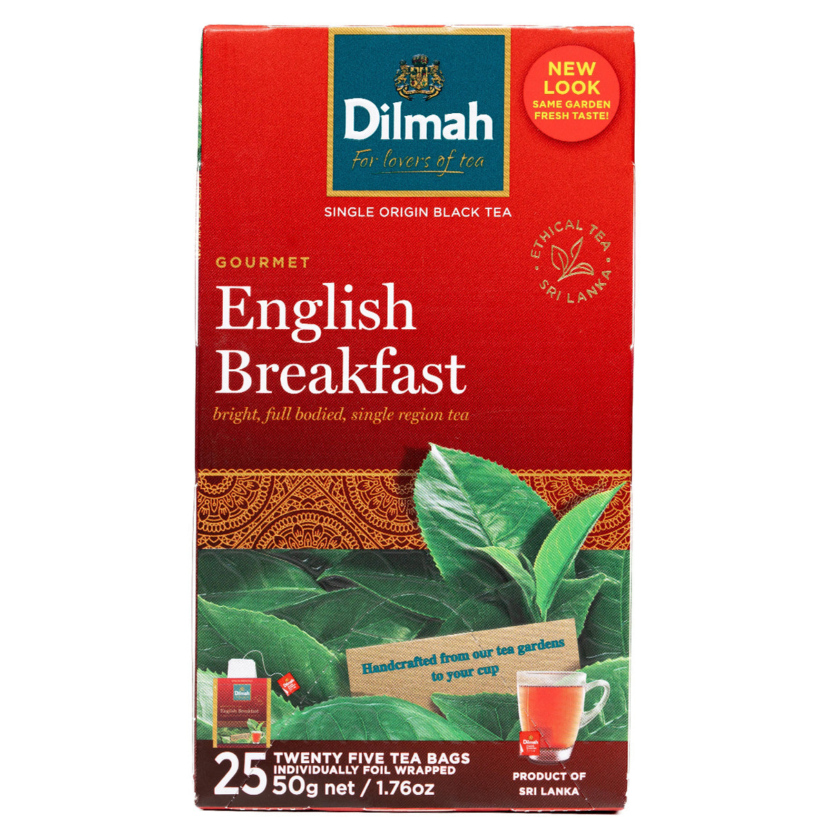 Box of Dilmah English Breakfast Tea bags, 25-count, featuring traditional packaging and tea bags ready for brewing.