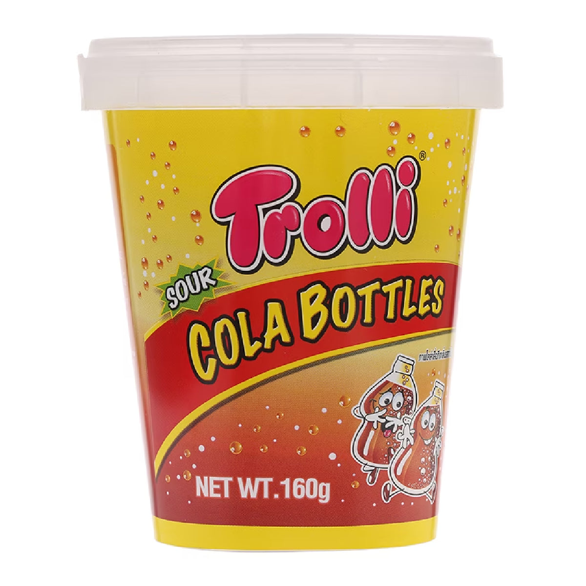 Trolli Sour Cola Bottle Gummy candies in colorful, shaped cola bottles with a sour coating, featuring bright packaging.