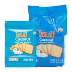 Homey Coconut Cracker 100g, packaged snack of crispy coconut-flavored confectionery in six packs, ideal for dry grocery or snack shelves.