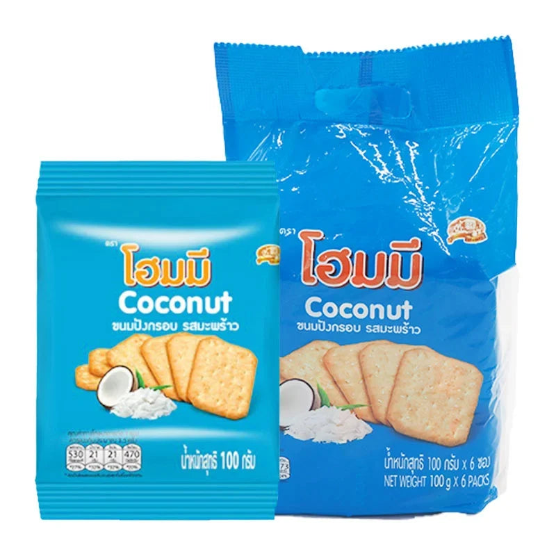 Homey Coconut Cracker 100g, packaged snack of crispy coconut-flavored confectionery in six packs, ideal for dry grocery or snack shelves.