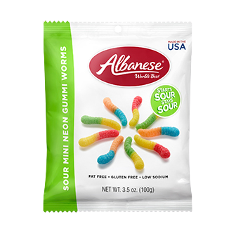 Albanese Sour Mini Neon Worms gummy candies in bright colors, colorful confectionery snack with sour coating