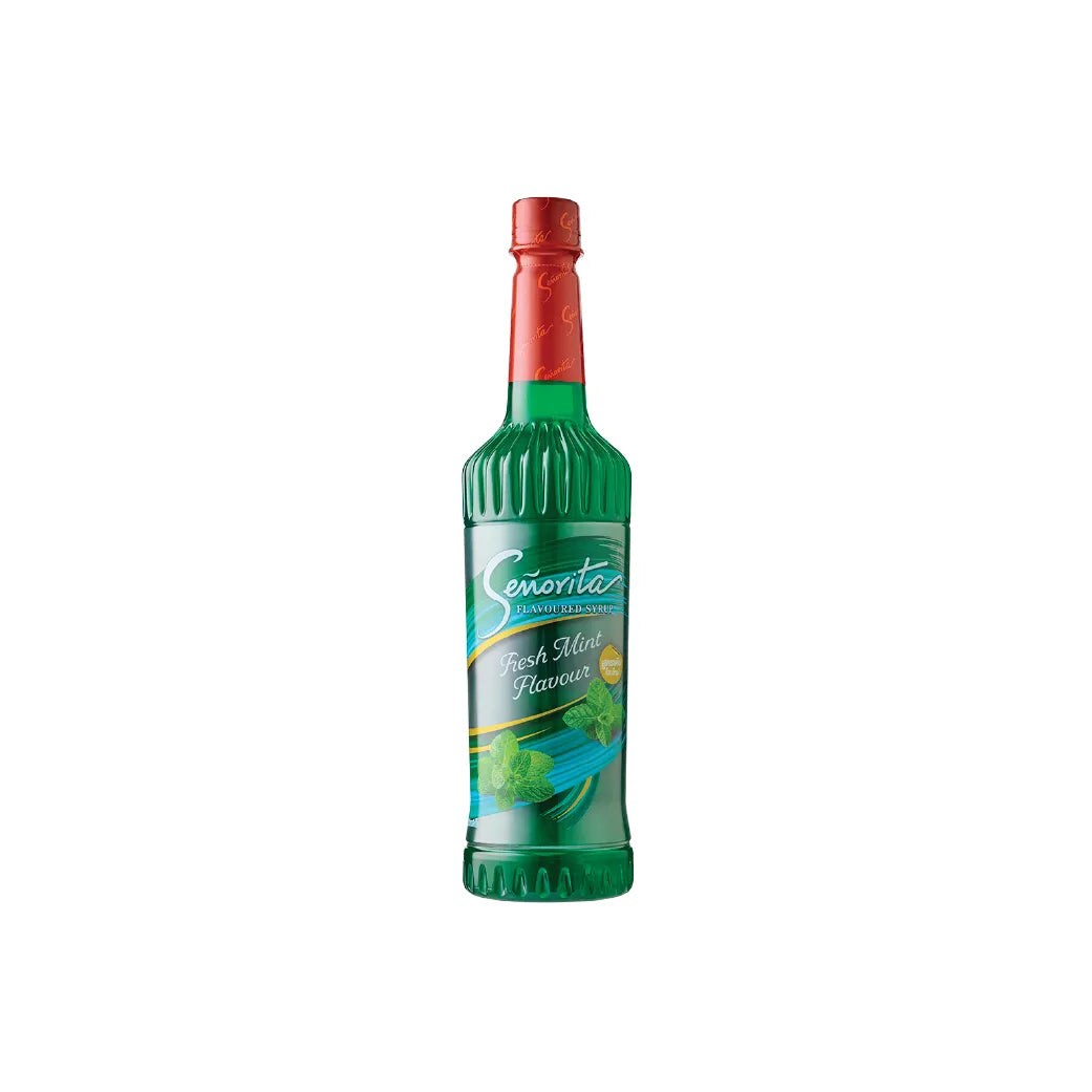 Senorita Fresh Mint Flavored Syrup bottle, 750ml, for beverages and desserts in dry grocery section.