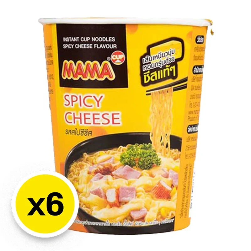 Mama Cup Spicy Cheese 63g, a dry grocery snack featuring spicy cheesy flavor in a convenient six-pack.