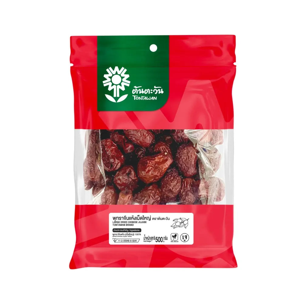Large dried Chinese jujubes from TONTAWAN, 500g, displayed in a clear bowl, showcasing their dark, wrinkled texture.
