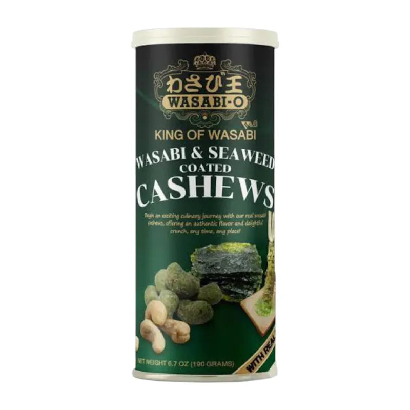 Wasabi-o wasabi and seaweed coated cashews in a clear bowl, showing the crunchy snack with green wasabi and seaweed seasoning