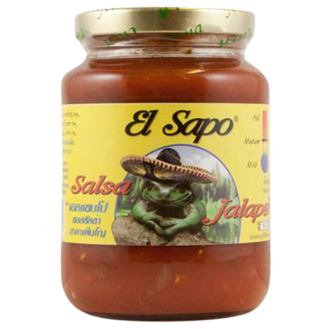 El Sapo Salsa Jalapeno in a jar, spicy green jalapeno salsa, fresh ingredients visible, ideal for Mexican cuisine.