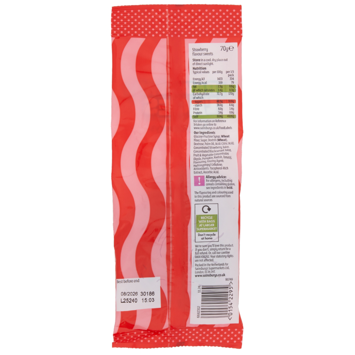 Sainsbury's Strawberry Laces sweets, colorful twisted confectionery snacks with strawberry flavor, displayed on a white background.