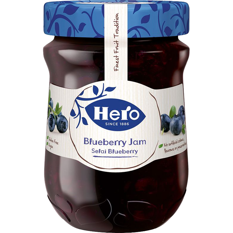 Hero Blueberry Jam jar with a blue label and fresh blueberries around it, showcasing the grocery product.