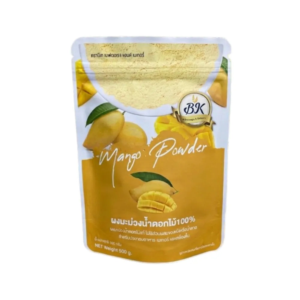 BK Bakery Mango Powder Nam Dok Mai 100% in a 500g package, dry grocery product with vibrant mango powder visible in the image.