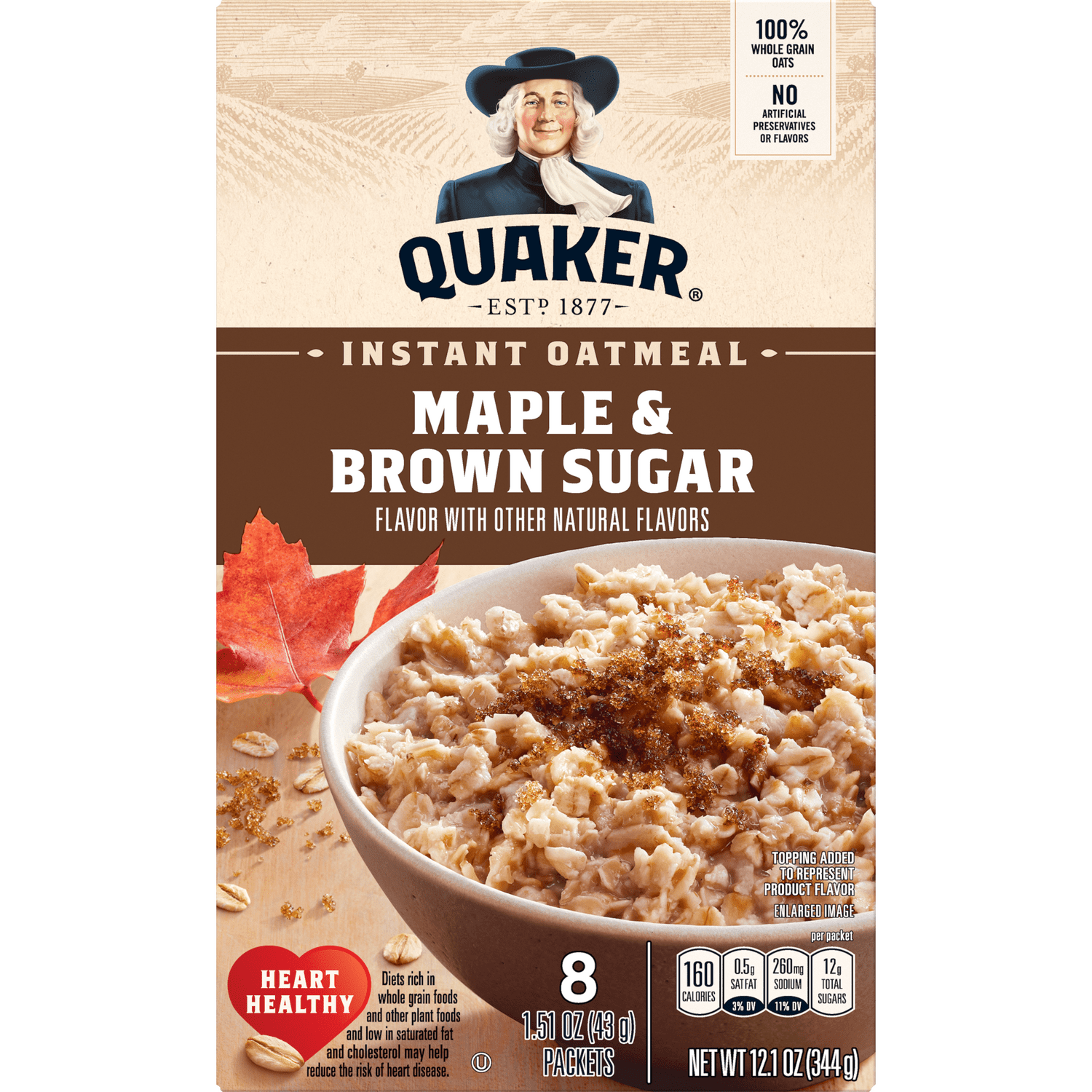 A bowl of Quaker Instant Oatmeal Maple and Brown Sugar on a table, showing the packaged oatmeal flavor from the Quaker brand.