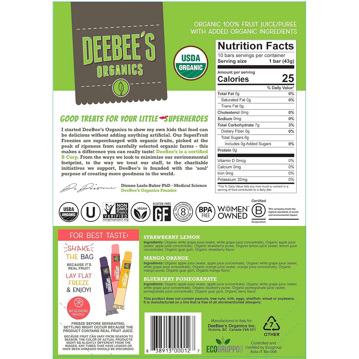 Deebees Organic Super Fruit Freezie confectionery snack with colorful frozen fruit pops on a stick, showcasing vibrant fruit flavors.