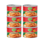 Canned Goody White Beans in Tomato Sauce 170g, pack of six, ready-to-eat dry grocery product with beans immersed in tomato sauce.