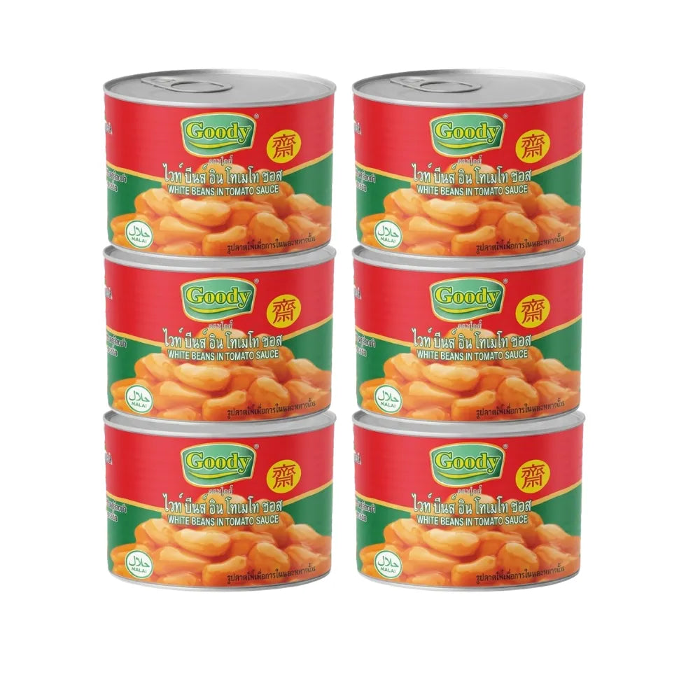 Canned Goody White Beans in Tomato Sauce 170g, pack of six, ready-to-eat dry grocery product with beans immersed in tomato sauce.