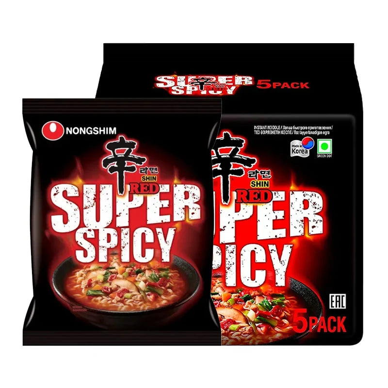 Nongshim Shin Red Super Spicy instant noodles in 120g packs, dry grocery product with spicy ramen flavor from NONGSHIM.
